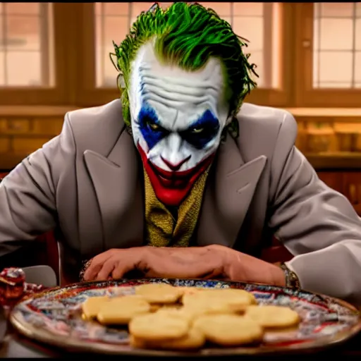 Image similar to cinematic shot of the joker sitting at a table in front of a plate of flour biscuits, 8 k, very detailed, very intricate,