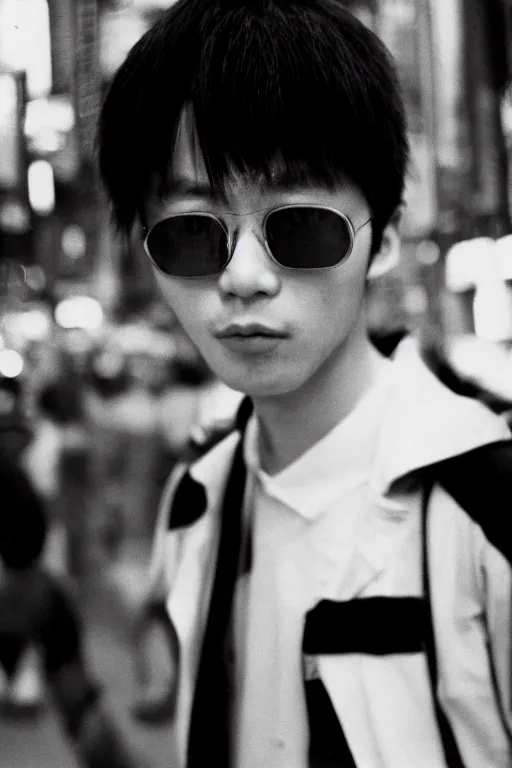 Prompt: street photography of a young japanese man in 9 0 s fashion, in tokyo shinjuku, shot on cinestill 5 0 d with a canon 3 5 mm at f / 5. 6 lens, haruto hoshi, yang seung - woo, saul leiter