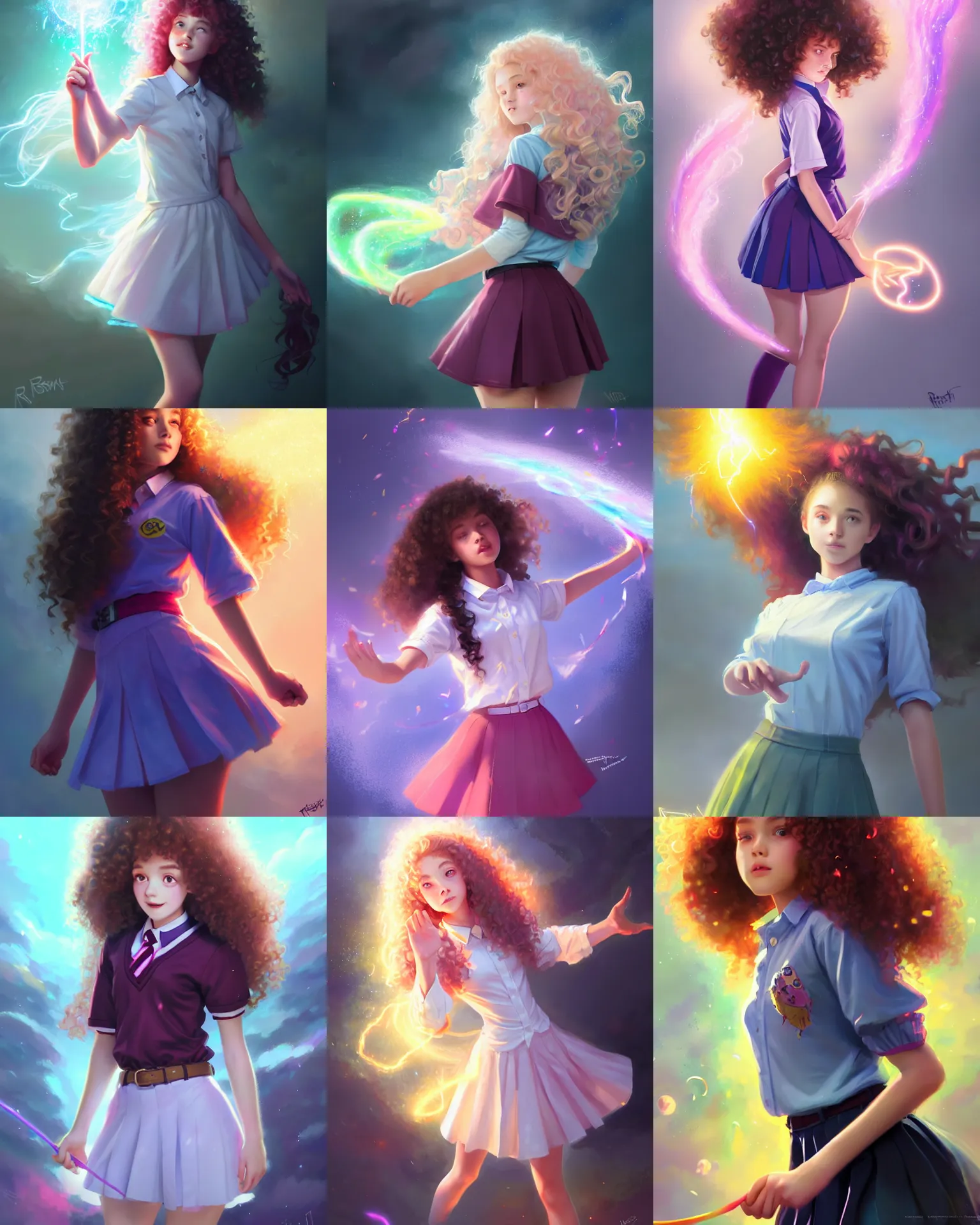 Prompt: innocent young teen girl, magical school student uniform, curly hair, casting a bright large-scale magical spell around herself, overflowing energy, highly detailed, digital painting, trending on artstation, pixiv, concept art, sharp focus, illustration, art by Ross Tran and Greg Rutkowski and Walt Disney animation