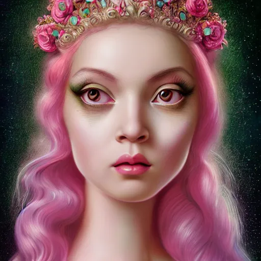 Image similar to a portrait a divine feminine goddess, rosey cheeks, sparkles on eyelids, long pink hair highly detailed, ultra realistic digital painting, rococo, artstation, concept art, pop, smooth, sharp focus, illustration, art by mark ryden and lisa frank 3 d 8 k ultra detailed