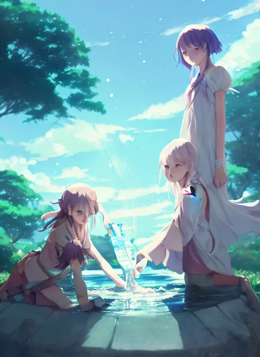 Image similar to 2 girl in fantasy clothes playing water. illustration concept art anime key visual trending pixiv fanbox by wlop and greg rutkowski and makoto shinkai and studio ghibli