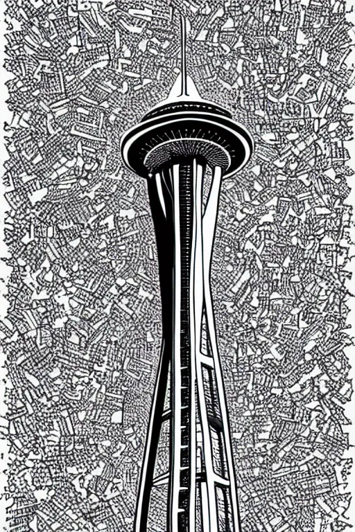 Image similar to space needle in detailed pen and ink drawing style
