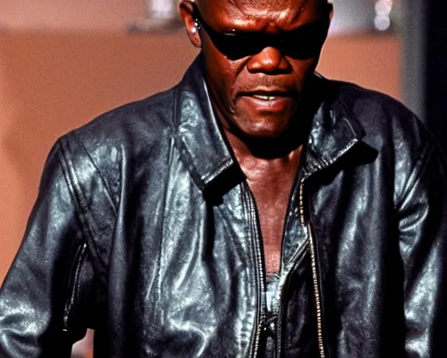 Prompt: Samuel L. Jackson plays Terminator wearing leather jacket and his endoskeleton is visible, epic film