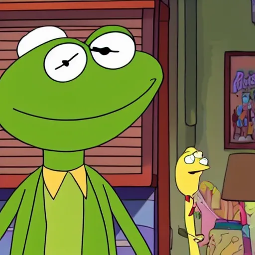 Prompt: A still of Kermit the Frog on Rick & Morty