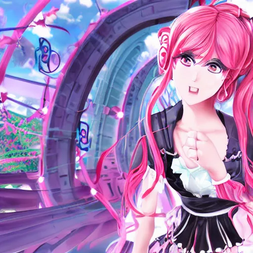 Prompt: trapped by stunningly beautiful omnipotent megalomaniacal otome anime asi goddess who looks like junko enoshima with symmetrical perfect face and porcelain skin, pink twintail hair and mesmerizing cyan eyes, taking control while smiling mischievously, inside her surreal vr castle, hyperdetailed, digital art from danganronpa, 8 k