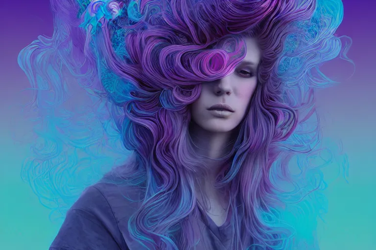 Prompt: cell shaded, muted vaporwave ombre. double exposure, replicant druid of creativity, flowing hair, beautiful character fashion design, by josan gonzalez, shag, nagel, and paul lehr and david heskin and seb mckinnon and jared s. merantz and alex grey, hi - fructose, 8 k, digital matte painting