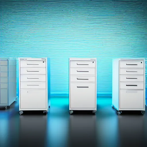 Prompt: Cyber filing cabinet surrounded by flying paperwork, 4k render, dramatic lighting, greens and blues, luminescent, UHD