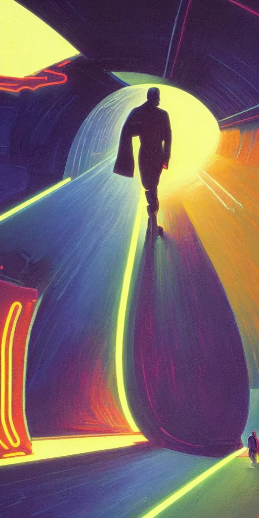 Image similar to a beautiful painting of a person walking out of a stargate by syd mead 8 k particulate neon light film grain