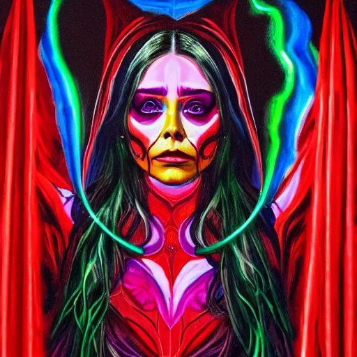 Image similar to a psychedelic full body painting of elizabeth olsen in a red wizards robe casting an evil spell, detailed face, red swirls, ominous lighting, night time, high quality
