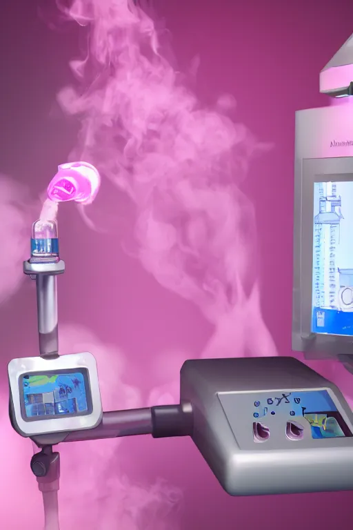 Prompt: an anesthesia machine pumping pink vapor into an oxygen mask, photorealistic, detailed