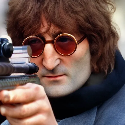 Image similar to john lennon looking down a sniper rifle, city background, photography, high quality, 8 k,