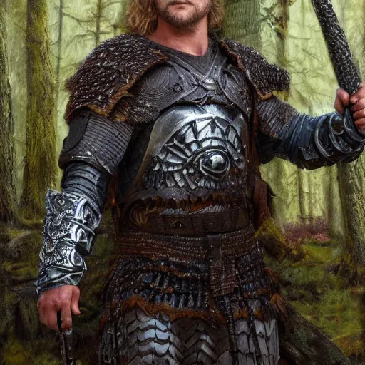 Image similar to travis fimmel in chainmail as a fantasy warrior, in the forest, oil painting, 8 k, high detail, heroic, dramatic, in the style of brom, book cover, award winning