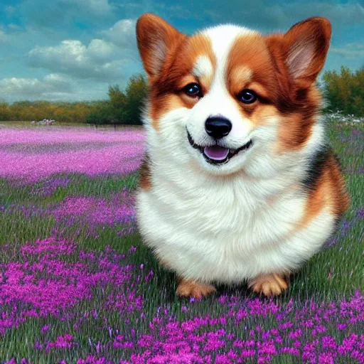 Prompt: extremely cute and sweet and happy corgi puppy, hyperrealistic, beautiful meadow background, soft focus, extremely detailed digital illustration by greg rutkowski and artgerm and moebius, trending on artstation, award - winning, masterpiece, 8 k