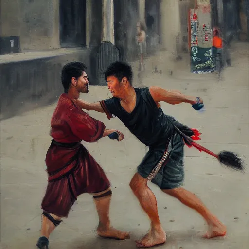 Image similar to asian person fighting a turkish person, cinematic, 4 k, oil painting