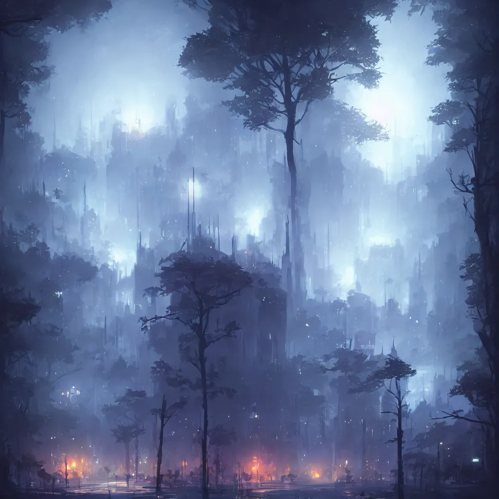Image similar to city at night by a forest (Ori and the Blind Forest), digital painting, sharp render by Greg Rutkowski