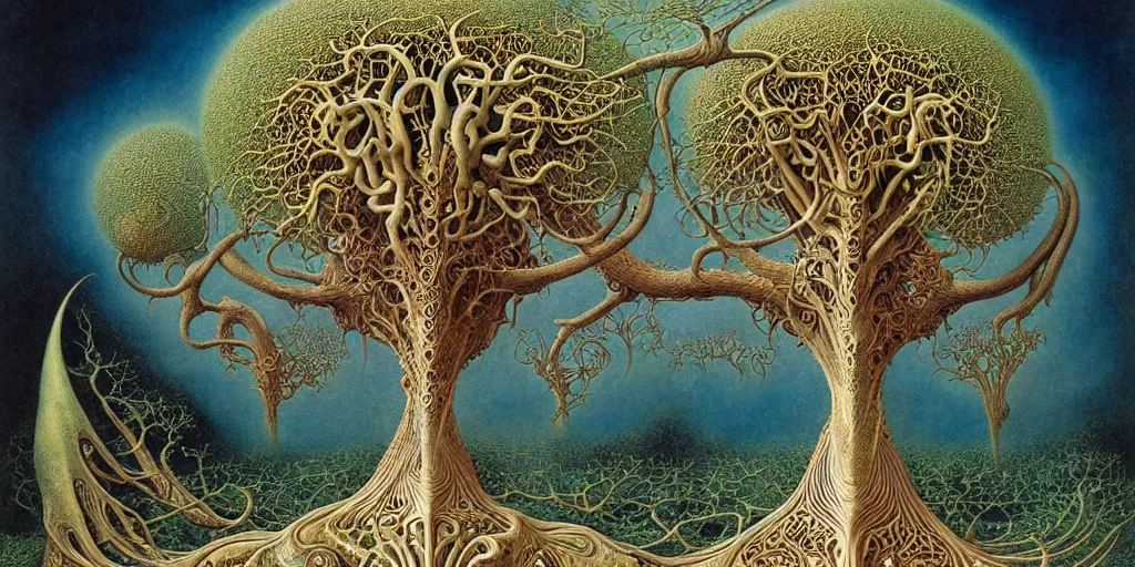 Image similar to tree of life by roger dean and andrew ferez, art forms of nature by ernst haeckel, divine chaos engine, symbolist, visionary, art nouveau, botanical fractal structures, organic, detailed, realistic, surreality