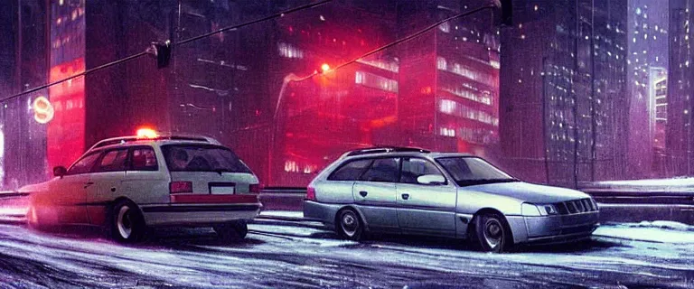 Image similar to Audi A4 B6 Avant (2002), a gritty neo-noir, dramatic bright lighting, cinematic, establishing shot, extremely high detail, photorealistic, cinematic lighting, artstation, by simon stalenhag, Max Payne (PC) (2001) winter new york at night