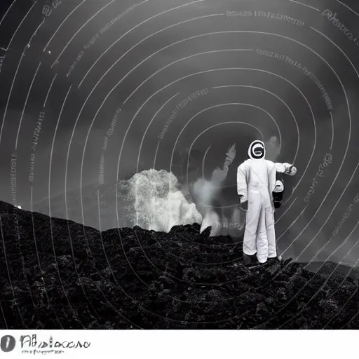 Prompt: white woman suit with gasmask, standing close to volcano, fire raining, professional photography, black and white, cinematic, eerie