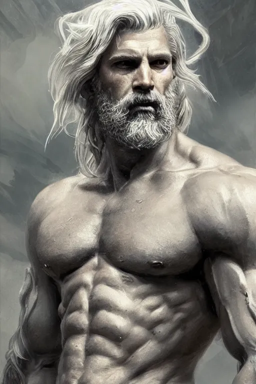 Image similar to painted portrait of rugged zeus, god of thunder, greek god, white hair, masculine, mature, handsome, upper body, muscular, hairy torso, fantasy, intricate, elegant, highly detailed, digital painting, artstation, concept art, smooth, sharp focus, illustration, art by gaston bussiere and greg rutkowski