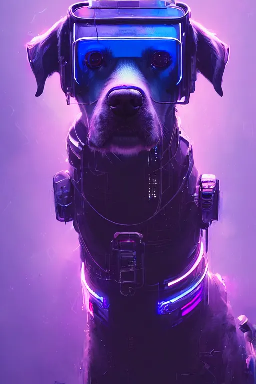 Prompt: a beautiful portrait of a cute cyberpunk dog by greg rutkowski and wlop, purple blue color scheme, high key lighting, volumetric light, digital art, highly detailed, fine detail, intricate, ornate, complex, octane render, unreal engine, photorealistic