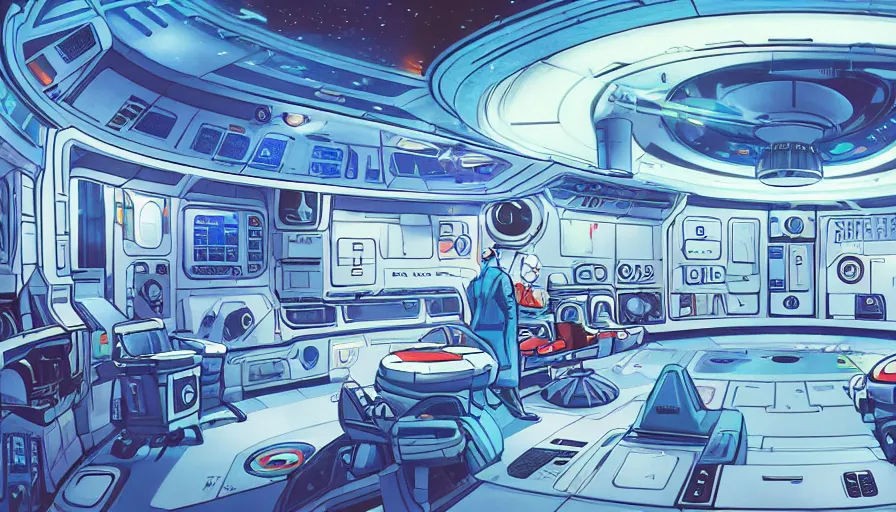 Image similar to a space ship circular medic room with bright holodesk in the center showing a blue hologram of a solar system, dark people discussing, contrasted light, clair obscur, illustration, clean lines, star wars vibe, by sead mead, by feng zhu!!! by moebius, vivid colors, spectacular cinematic scene