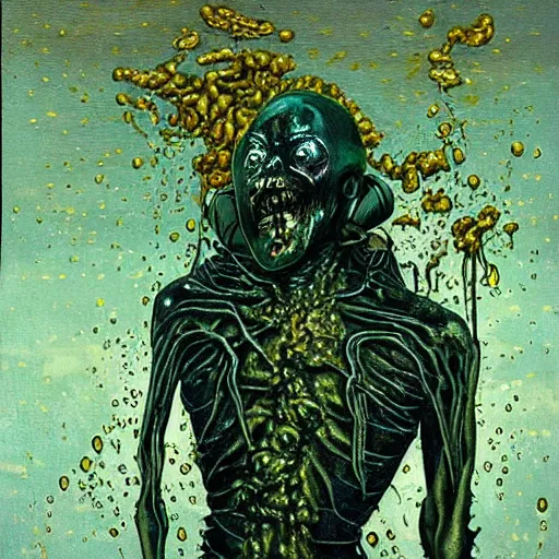 Image similar to dark green sci-fi lab at night gustave coubert painting of black onyx skin horror zombie dressed in rags exposed guts crawling in two legs and dripping golden metalic fluid from intestine into a puddle of golden liquid on the floor.