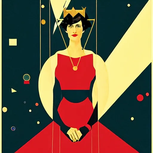 Image similar to Eva Green, Art by Coles Phillips, Portrait of the actress, Eva Green as Space Commander Alpha from the Year 4000, geometric art, poster, no text, Mucha, Kandinsky, carbon blac and antique gold