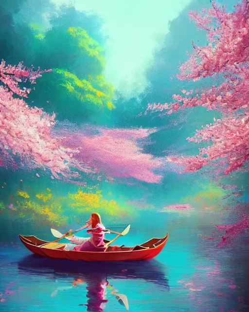 Image similar to a couple in a rowboat traveling down the river | cherry - blossoms | highly detailed | very intricate | serene romantic fantasy whimsical magical | soft bright natural morning light | pixar | award - winning | matte painting by anton fadeev and paul lehr and rhads and alena aenami | pastel color palette | featured on artstation