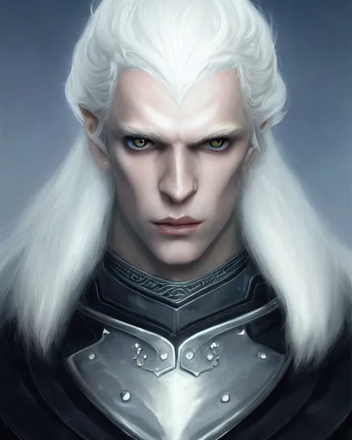 Image similar to character portrait of a slender young white haired half elven man with piercing blue eyes and pale bluish skin, wearing smooth sleek pearlescent black wraithbone powerarmor, by greg rutkowski and mark brookes and jim burns and tom bagshaw and magali villeneuve, trending on artstation