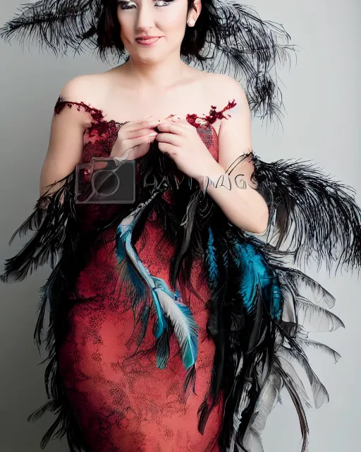 Prompt: beautiful woman with a dress of feathers photo 3 5 mm, studio light