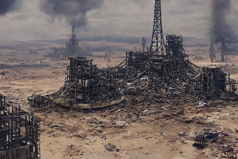 Prompt: An apocalyptic scene of A nestle oil derrick destroyed after the alien invasion, 70mm Imax, Cinematic, Film Still, Directed by Michael bay