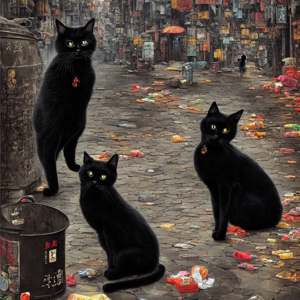 Image similar to a beautiful and highly detailed painting of a black cat on a trash can in kowloon city by Iwan Baan, Cyril Rolando, David Friedrich, Martin Johnson Heade and Lee Madgwick hyperreal 4k artstation