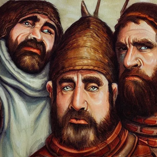 Image similar to Realistic, portrait, three Dwarf Brothers, jolly, dungeons and Dragons, medieval painting