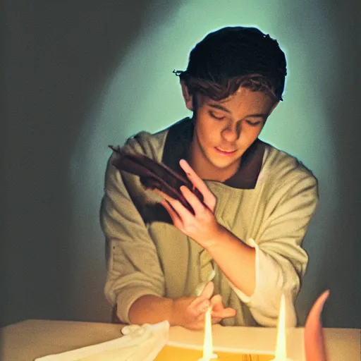 Prompt: a handsome young light sorcerer casting a healing spell, photorealistic 35mm