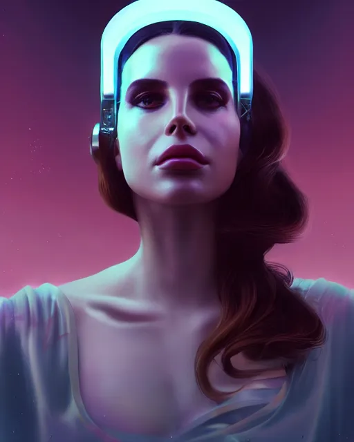 Image similar to portrait of lana del rey as a cyborg. intricate abstract. intricate artwork. by tooth wu, wlop, beeple, dan mumford. octane render, trending on artstation, greg rutkowski very coherent symmetrical artwork. cinematic, hyper realism, high detail, octane render, 8 k, iridescent accents