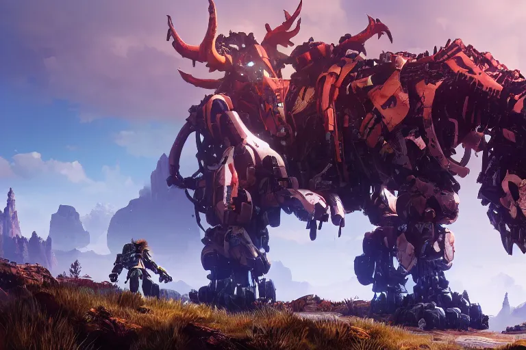 Image similar to grimhorn fanghorn machine mecha animal beast robot of horizon forbidden west horizon zero dawn bioluminiscence global illumination ray tracing hdr fanart arstation by sung choi and eric pfeiffer and gabriel garza and casper konefal