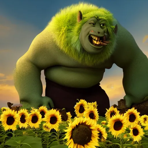 Prompt: ogre in lether armor petting a cat in sunflower fields, award winning, trending on artstation, unreal engine