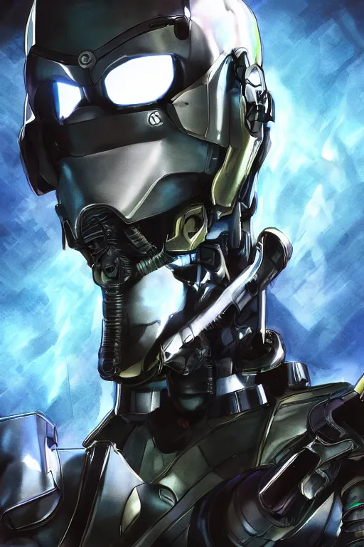 Image similar to cyber cyborg ninja mask helmet metal gear solid artic suit swat commando, global illumination ray tracing hdr fanart arstation by sung choi and eric pfeiffer and gabriel garza and casper konefal, a spectacular view cinematic rays of sunlight comic book illustration, by john kirby