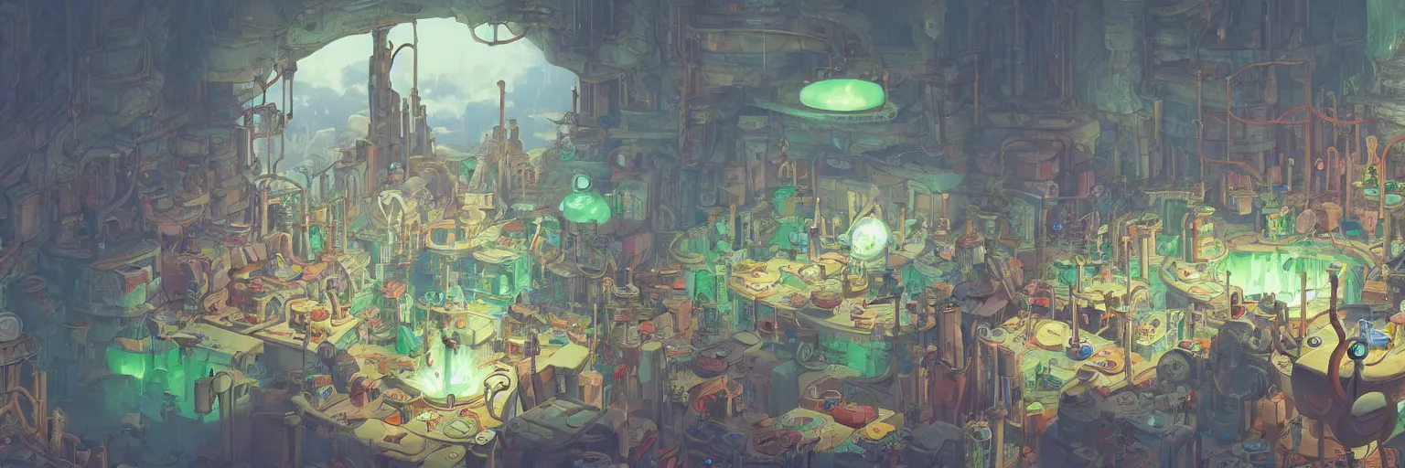 Image similar to 4K concept art of a wizards laboratory, digital art by Dr Seuss, animated by Studio ghibli, masterpiece trending on artstation, ultrafine detail, ray tracing by Nvidia, demonstration for QLED displays, award winning panoramic concept art with stunning detail