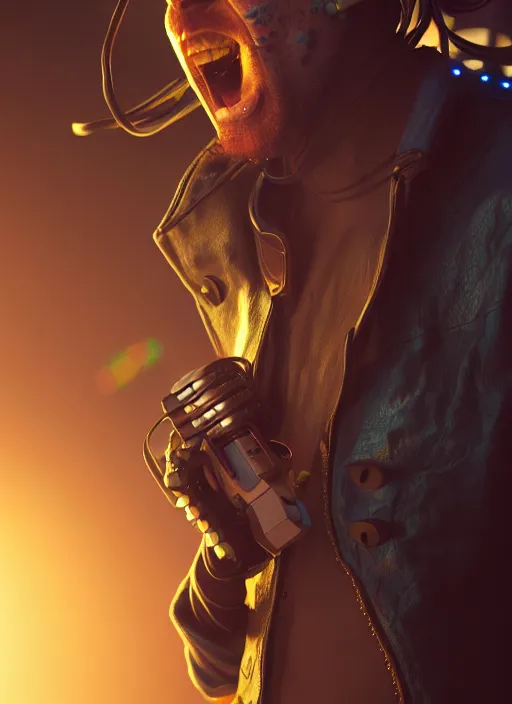 Image similar to cyberpunk cowboy rider singing karaoke, au naturel, hyper detailed, digital art, trending in artstation, cinematic lighting, studio quality, smooth render, unreal engine 5 rendered, octane render, art style by klimt and nixeu and ian sprigger and wlop and krenz cushart