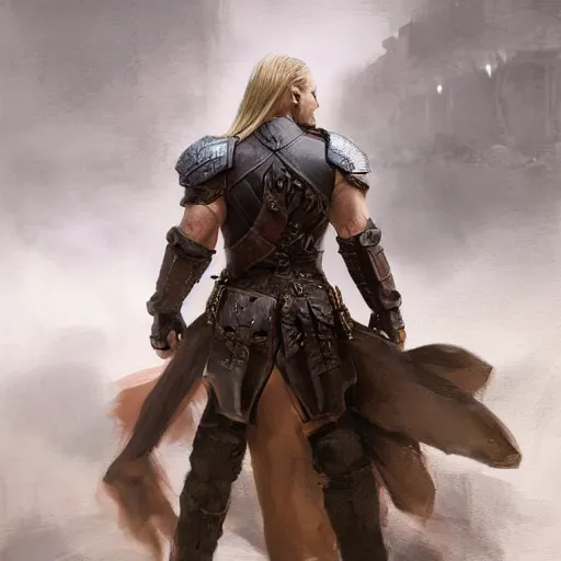 Prompt: rear side portrait of a muscular, ponytail haired blonde man with only left arm armored, wearing a thick brown leather coat, looking to his left, DnD, fantasy, dramatic lighting, digital art by Ruan Jia