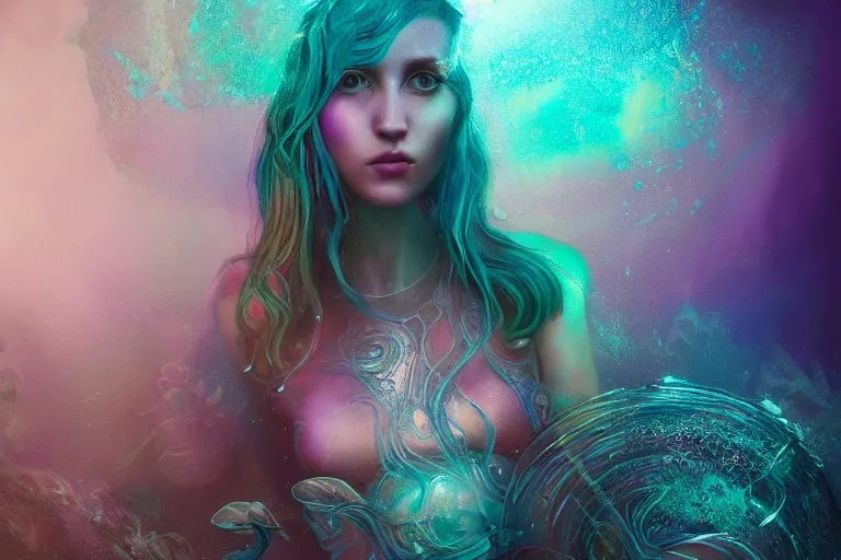Prompt: tom bagshaw inspired, ultra realist portrait waves miniature glass baubbles underwater curiosities reflections and refractions carnival, a single very beautiful enchantress in full underwater armor, symmetry accurate features, focus, very intricate ultrafine details, green purple aqua volumetric lights, award winning masterpiece, octane render 8 k hd