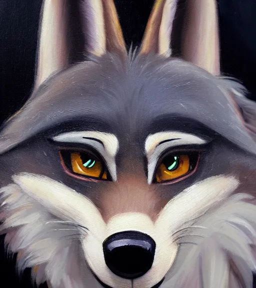 Image similar to oil painting headshot of anthromorphic female wolf, in style of zootopia, zootopia, zootopia, fursona, furry, furaffinity, 4 k, deviantart, furry art, fursona art, wearing black business suit, business suit, in style of zootopia, wolf fursona, cyberpunk, female, expressive detailed feminine face,