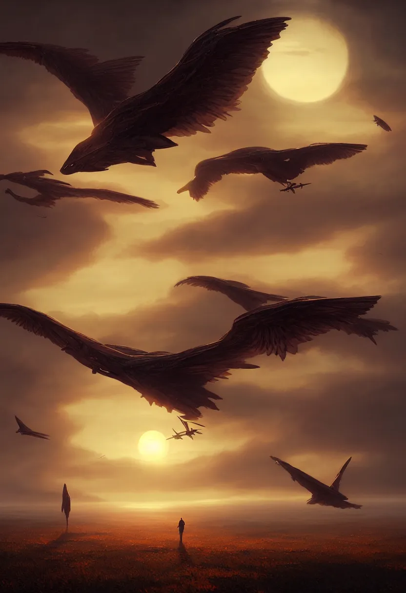 Prompt: strange alien birds flying up, autumn sunset, ultra high definition, ultra detailed, symmetry, fog, matte painting, by greg rutkowski and ross tran and wlop