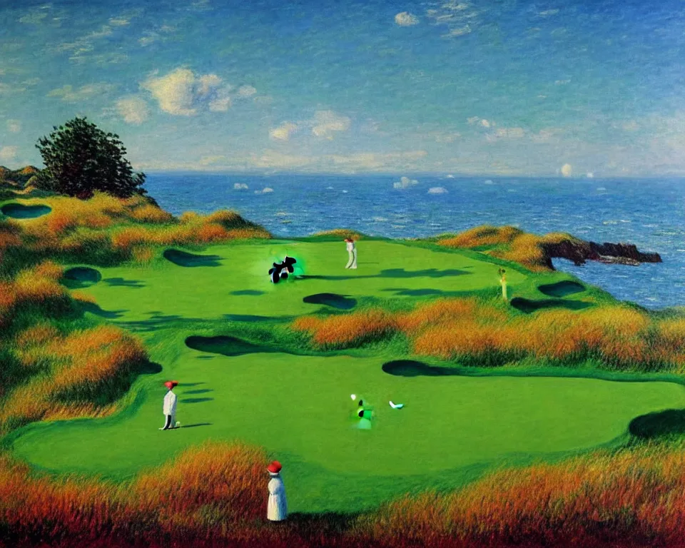 Image similar to achingly beautiful painting of bandon dunes golf course by rene magritte, monet, and turner.