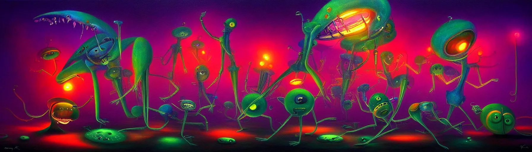 Image similar to strange plankton creatures from the depths of the collective unconscious, dramatic lighting, surreal darkly colorful painting by ronny khalil