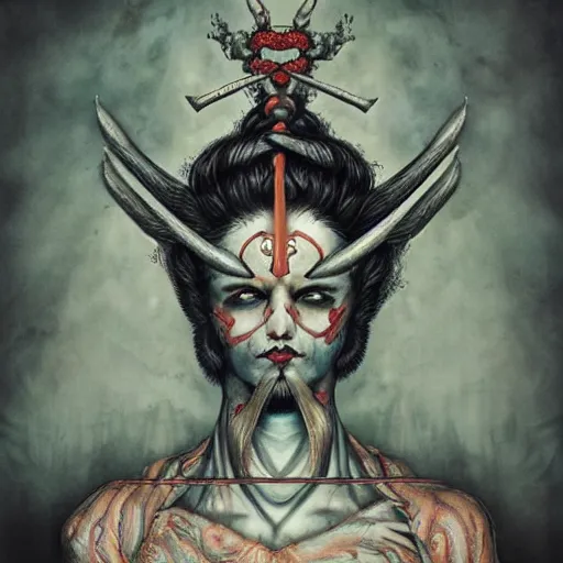 Prompt: two heads Apsaras warrior with trident,traditional Chinese textures, hyper detailed, by Brook Shaden