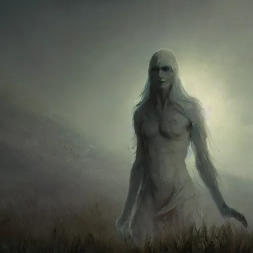 Image similar to a beautiful terrifying pale humanoid giant strides across the landscape. ethereal fantasy art by greg rutkowski