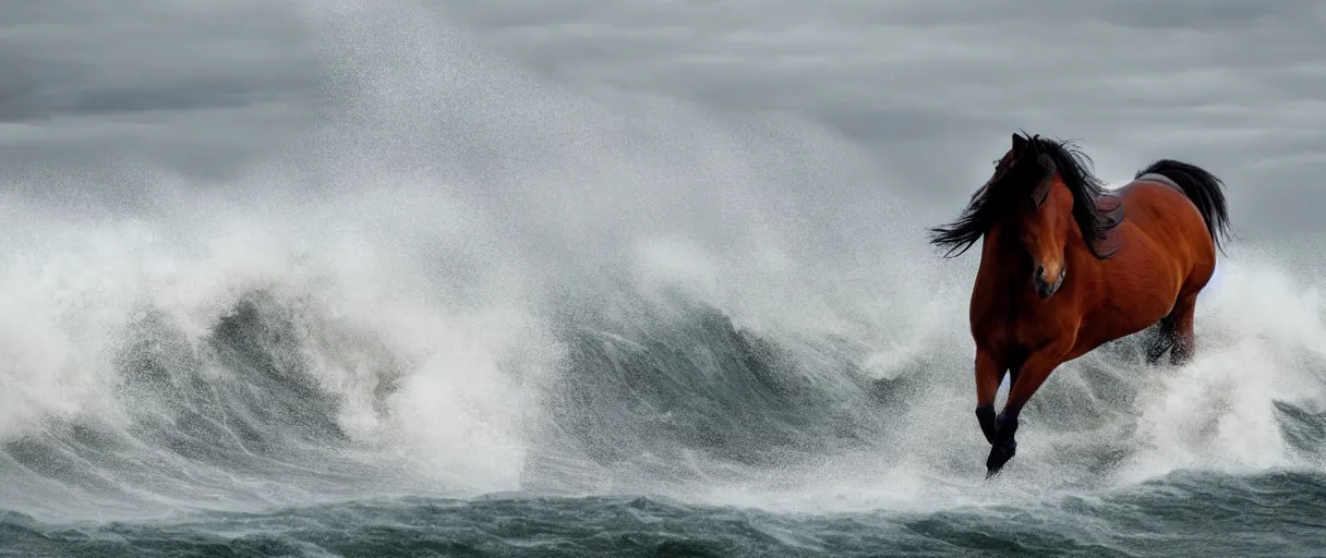 Image similar to horse running along a stormy ocean, large waves, vivid colors