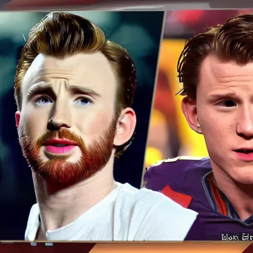 Prompt: chris evans and tom holland watches nfl football at home